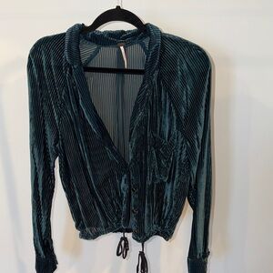 Free People Aspen Nights Deep Teal Velvet Button-Front Drawstring Blouse